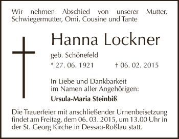 Traueranzeige von Hanna Lockner von WVG - Wochenspiegel Dessau / Köthen