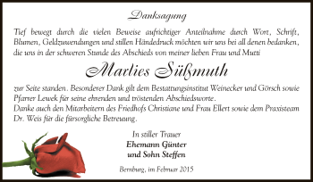 Traueranzeige von Marlies Süßmuth von Super Sonntag Bernburg