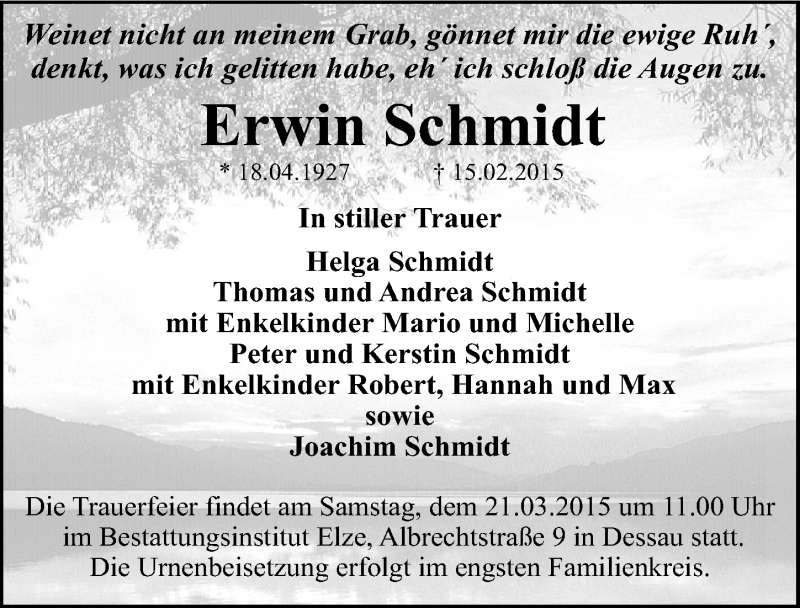  Traueranzeige für Erwin Schmidt vom 20.02.2015 aus Mitteldeutsche Zeitung Dessau-Roßlau