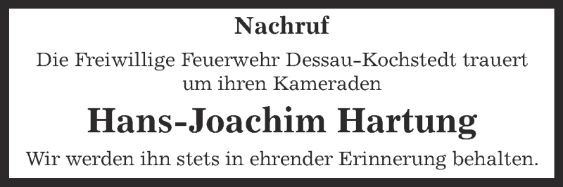  Traueranzeige für Hans-Joachim Hartung vom 08.02.2015 aus Super Sonntag Dessau / Köthen