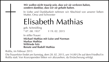 Traueranzeige von Elisabeth Mathias von Mitteldeutsche Zeitung Sangerhausen