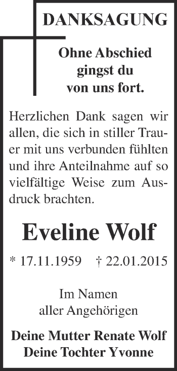Traueranzeige von Eveline Wolf von WVG - Wochenspiegel Dessau / Köthen