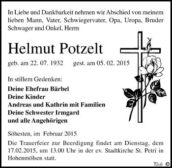 Traueranzeige von Helmut Potzelt von Mitteldeutsche Zeitung Weißenfels