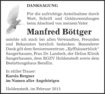 Traueranzeige von Manfred Böttger von Super Sonntag SGH Mansf. Land