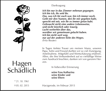 Traueranzeige von Hagen Schädlich von Mitteldeutsche Zeitung Quedlinburg