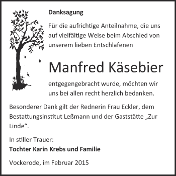 Traueranzeige von Manfred Käsebier von WVG - Wochenspiegel Wittenberg