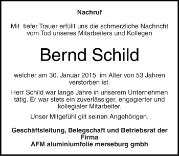 Traueranzeige von Bernd Schild von Mitteldeutsche Zeitung Merseburg/Querfurt