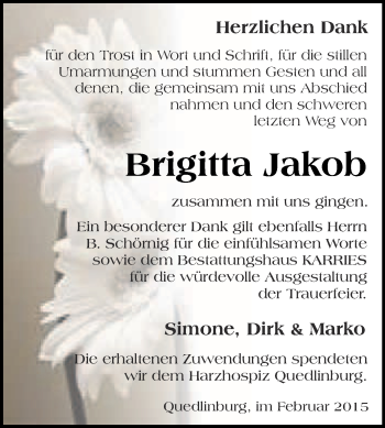 Traueranzeige von Brigitta Jakob von WVG - Wochenspiegel Quedlinburg