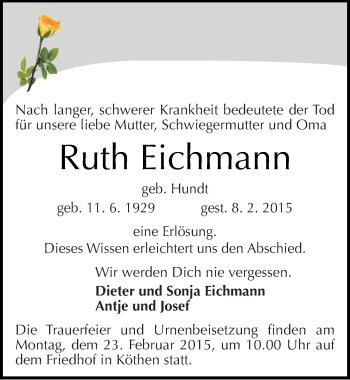 Traueranzeige von Ruth Eichmann von Mitteldeutsche Zeitung Köthen