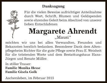 Traueranzeige von Margarete Ahrendt von Super Sonntag Aschersleben