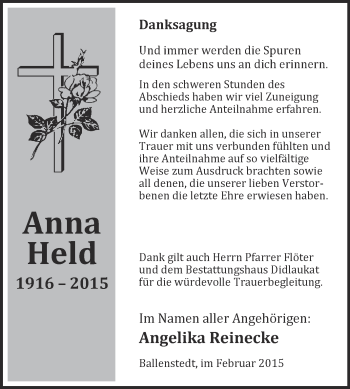 Traueranzeige von Anna Held von WVG - Wochenspiegel Quedlinburg