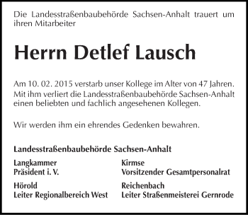 Traueranzeige von Detlef Lausch von Mitteldeutsche Zeitung Quedlinburg