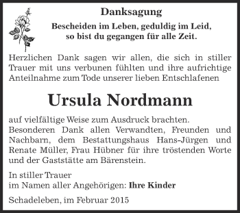 Traueranzeige von Ursula Nordmann von Super Sonntag Aschersleben