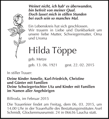 Traueranzeige von Hilda Töppe von Mitteldeutsche Zeitung Naumburg/Nebra