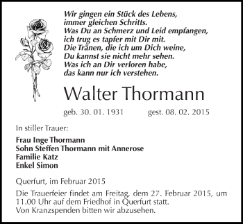Traueranzeige von Walter Thormann von Mitteldeutsche Zeitung Merseburg/Querfurt