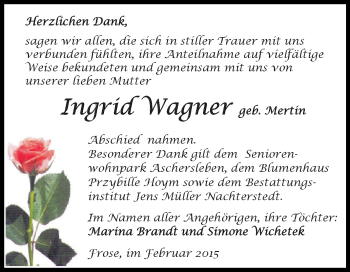 Traueranzeige von Ingrid Wagner von Super Sonntag Aschersleben