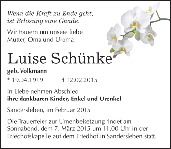 Traueranzeige von Luise Schünke von Mitteldeutsche Zeitung Mansfelder Land