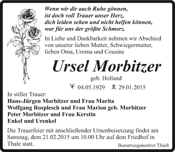 Traueranzeige von Ursel Morbitzer von Mitteldeutsche Zeitung Quedlinburg