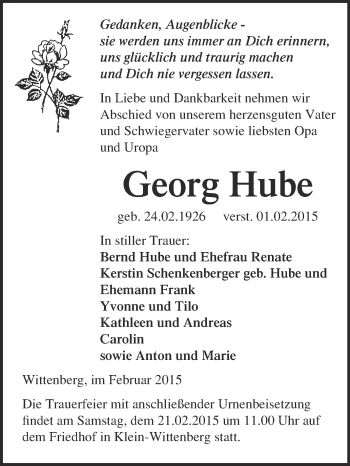 Traueranzeige von Georg Hube von WVG - Wochenspiegel Wittenberg