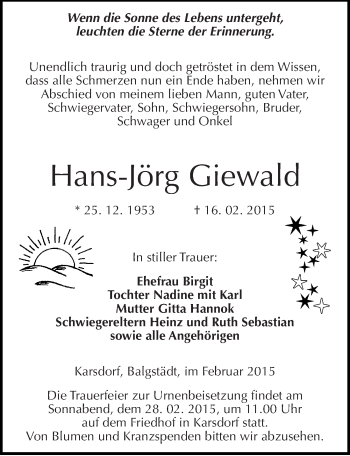 Traueranzeige von Hans-Jörg Giewald von Mitteldeutsche Zeitung Naumburg/Nebra