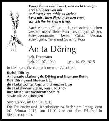 Traueranzeige von Anita Döring von Wochenspiegel Mansfelder Land