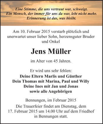 Traueranzeige von Jens Müller von Mitteldeutsche Zeitung Sangerhausen