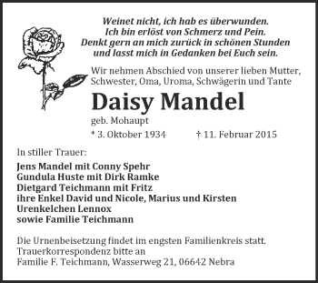 Traueranzeige von Daisy Mandel von WVG - Wochenspiegel NMB / WSF / ZTZ