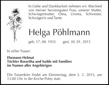 Traueranzeige von Helga Pöhlmann von WVG - Wochenspiegel Bernburg