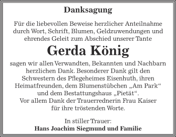 Traueranzeige von Gerda König von WVG - Wochenspiegel Dessau / Köthen