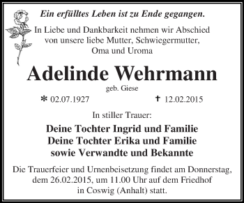 Traueranzeige von Adeline Wehrmann von WVG - Wochenspiegel Dessau / Köthen