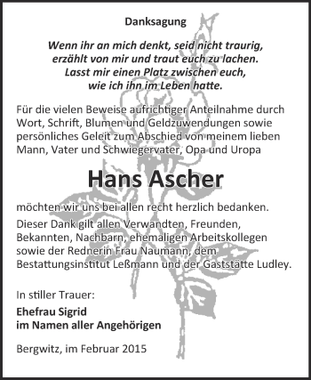 Traueranzeige von Hans Ascher von WVG - Wochenspiegel Wittenberg