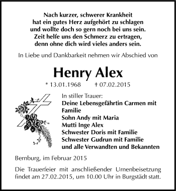 Traueranzeige von Henry Alex von Mitteldeutsche Zeitung Bernburg