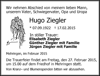 Traueranzeige von Hugo Ziegler von Mitteldeutsche Zeitung Aschersleben