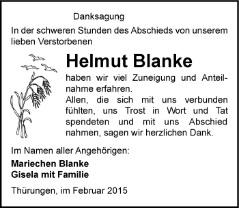 Traueranzeige von Helmut Blanke von Mitteldeutsche Zeitung Sangerhausen