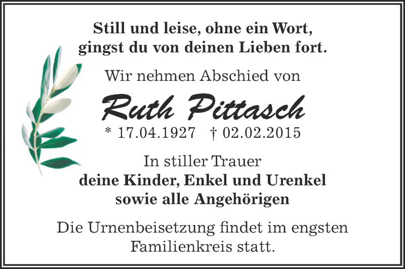  Traueranzeige für Ruth Pittasch vom 08.02.2015 aus Super Sonntag Zeitz