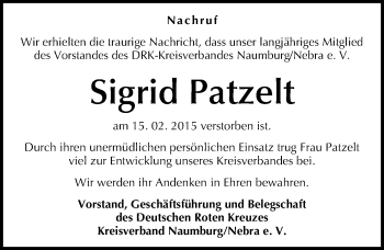 Traueranzeige von Sigrid Patzelt von Mitteldeutsche Zeitung Naumburg/Nebra