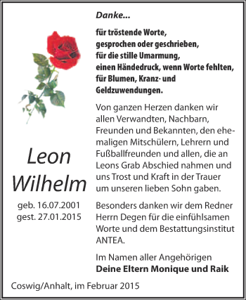 Traueranzeige von Leon Wilhelm von Super Sonntag Wittenberg