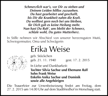 Traueranzeige von Erika Weise von WVG - Wochenspiegel Merseburg