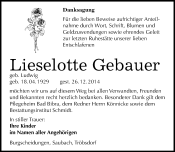 Traueranzeige von Lieselotte Gebauer von Mitteldeutsche Zeitung Naumburg/Nebra