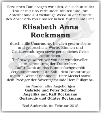 Traueranzeige von Elisabeth Anna Rockmann von WVG - Wochenspiegel Quedlinburg