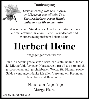 Traueranzeige von Herbert Heine von WVG - Wochenspiegel Dessau / Köthen