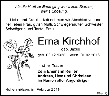 Traueranzeige von Erna Kirchhof von WVG - Wochenspiegel NMB / WSF / ZTZ