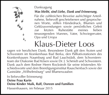 Traueranzeige von Klaus-Dieter Loos von Mitteldeutsche Zeitung Naumburg/Nebra