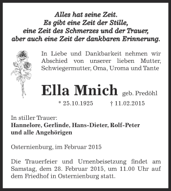 Traueranzeige von Ella Mnich von WVG - Wochenspiegel Dessau / Köthen