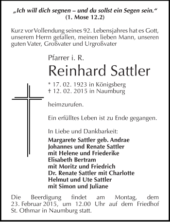 Traueranzeige von Reinhard Sattler von Mitteldeutsche Zeitung Naumburg/Nebra