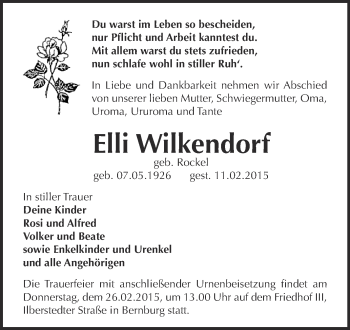 Traueranzeige von Elli Wilkendorf von Super Sonntag Bernburg