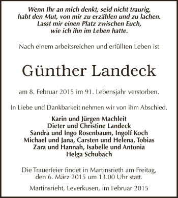 Traueranzeige von Günther Landeck von Super Sonntag SGH Mansf. Land