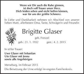 Traueranzeige von Brigitte Glaser von WVG - Wochenspiegel Merseburg
