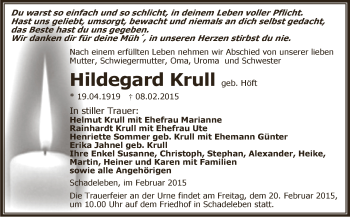 Traueranzeige von Hildegard Krull von Super Sonntag Aschersleben