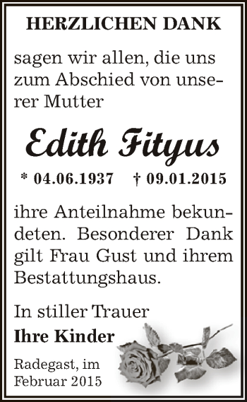Traueranzeige von Edith Fityus von WVG - Wochenspiegel Dessau / Köthen